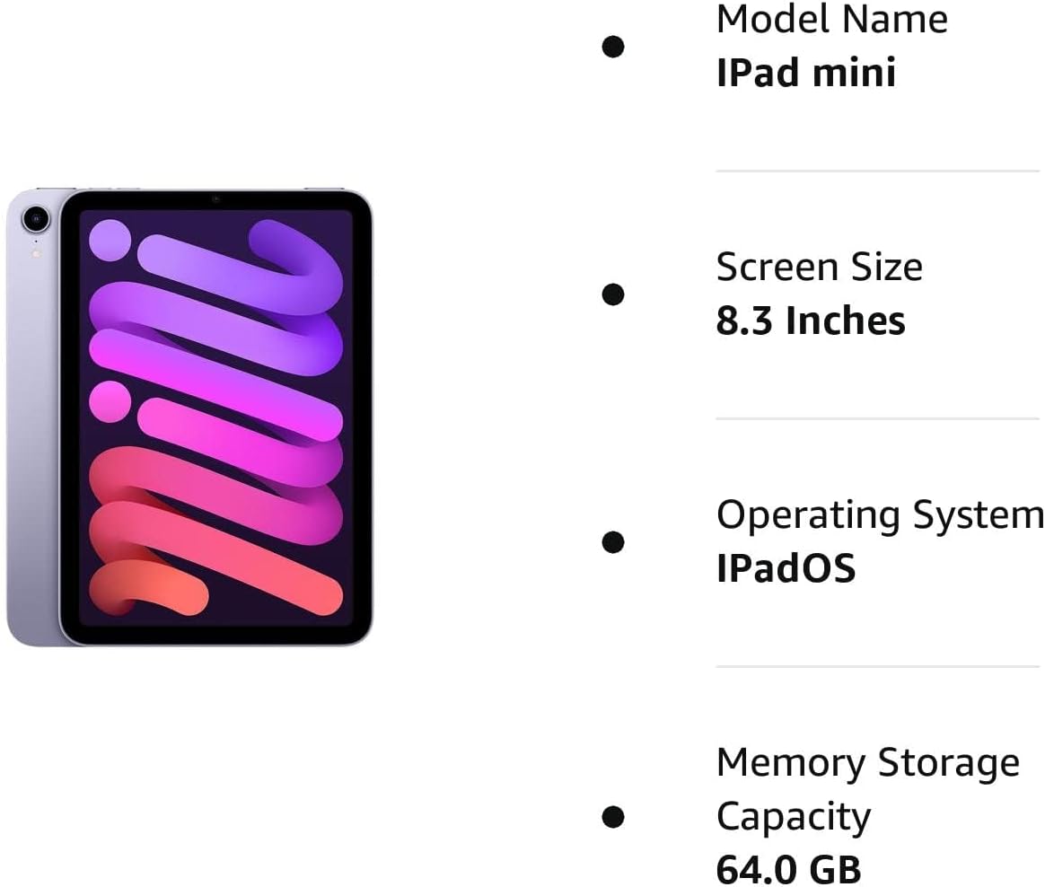 Apple 2021 iPad Mini 6 8.3-inch, Wi-Fi, 64GB, Purple (Renewed) - Authentic Apple Products.