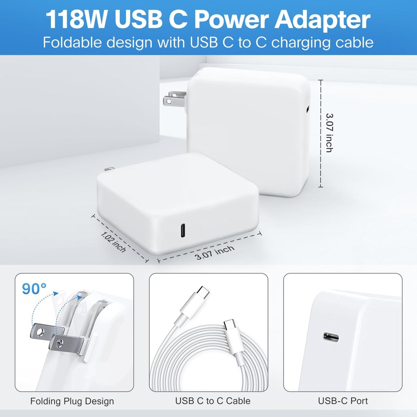Mac Book Pro Charger-118W USB C Fast Charger Power Adapter Compatible with MacBook Pro/MacBook Air 16 15 14 13 Inch, M1 M2 M3 M4, New iPad Pro and All USB C Device, 6.6ft Charge Cable - Authentic Apple Products.
