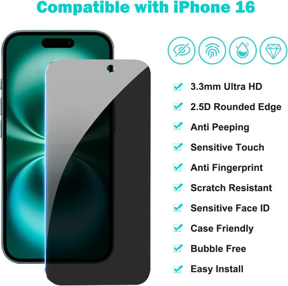 PEHAEL 3+3Pack for iPhone 16 Privacy Screen Protector with Camera Lens Protector Full Coverage Anti-Spy Tempered Glass Film 9H Hardness Easy Installation Bubble Free [6.1 inch]