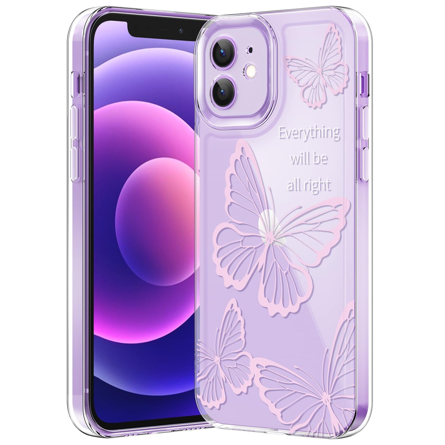 Compatible with iPhone 12 Case, Clear Case with Cute Butterfly Pattern Design for Girls Women, Slim Soft TPU Shockproof Protective Aesthetic Cover for iPhone 12 (Light Purple Butterfly)