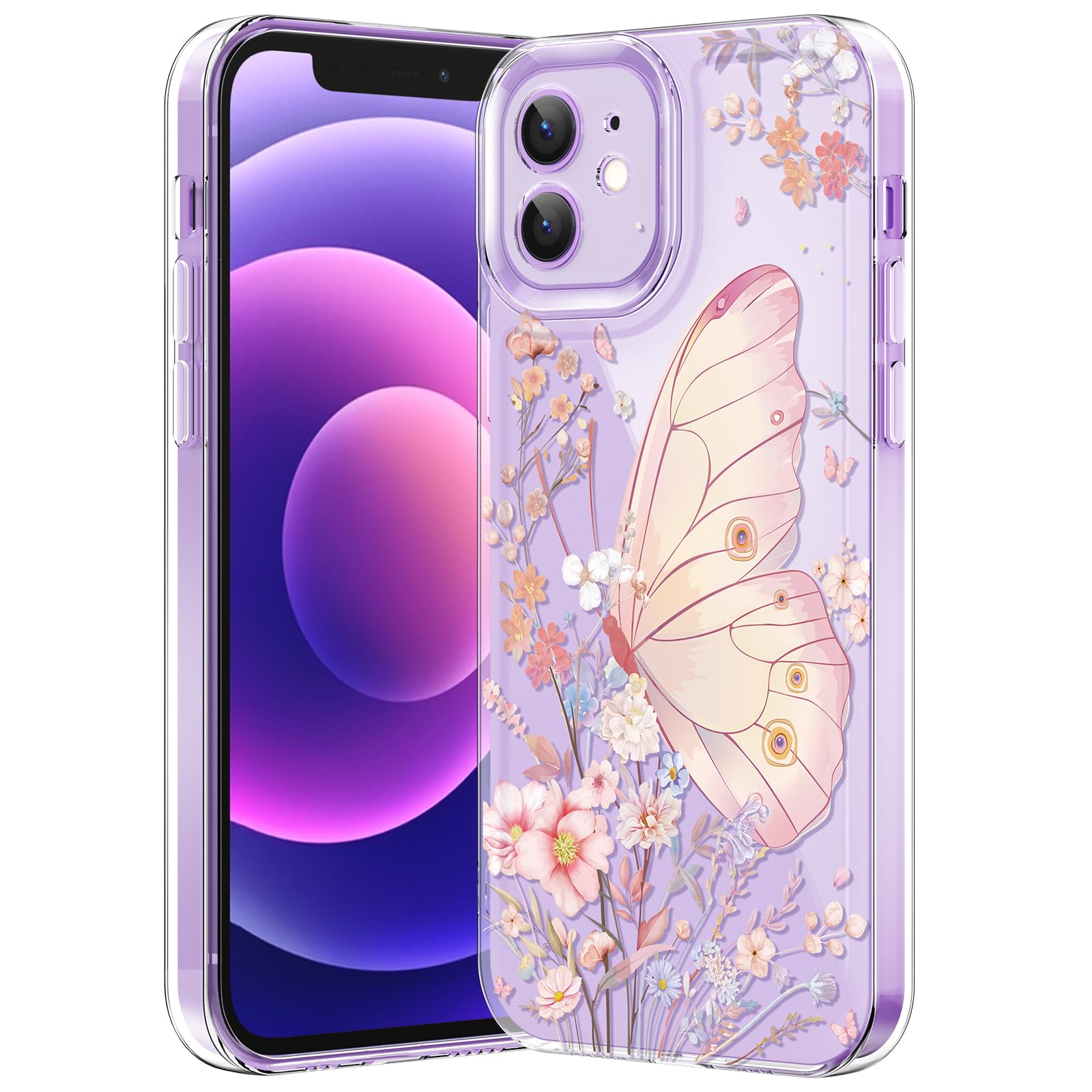 Compatible with iPhone 12 Case, Clear Case with Cute Butterfly Pattern Design for Girls Women, Slim Soft TPU Shockproof Protective Aesthetic Cover for iPhone 12 (Light Purple Butterfly)