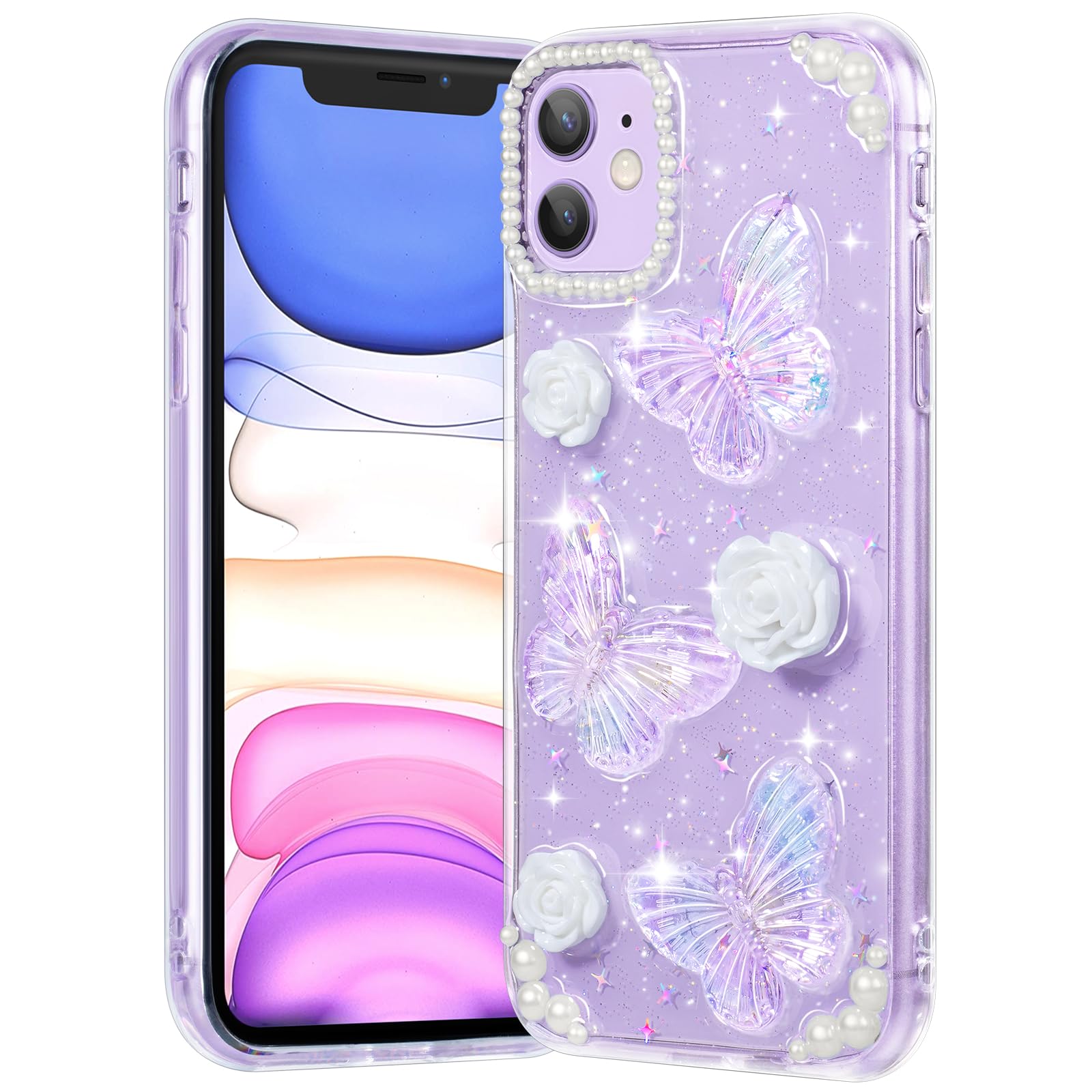 Compatible with iPhone 12 Case, Clear Case with Cute Butterfly Pattern Design for Girls Women, Slim Soft TPU Shockproof Protective Aesthetic Cover for iPhone 12 (Light Purple Butterfly)