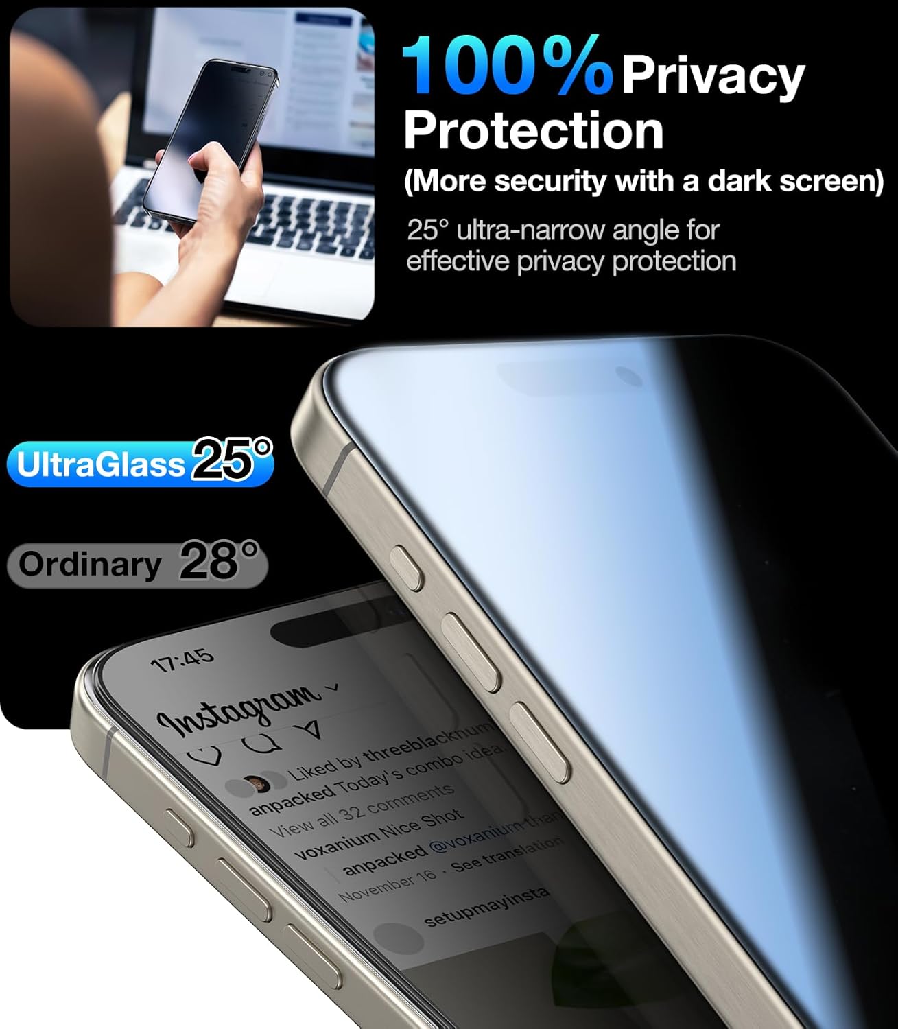 UltraGlass 9H+ Glass for iPhone 15 Pro Max Privacy Screen Protector [Invisible Privacy Armor] Screen Protector 15 Pro Max Tempered [Full Coverage & Longest Durable] 15 Pro Max, 2 Pack