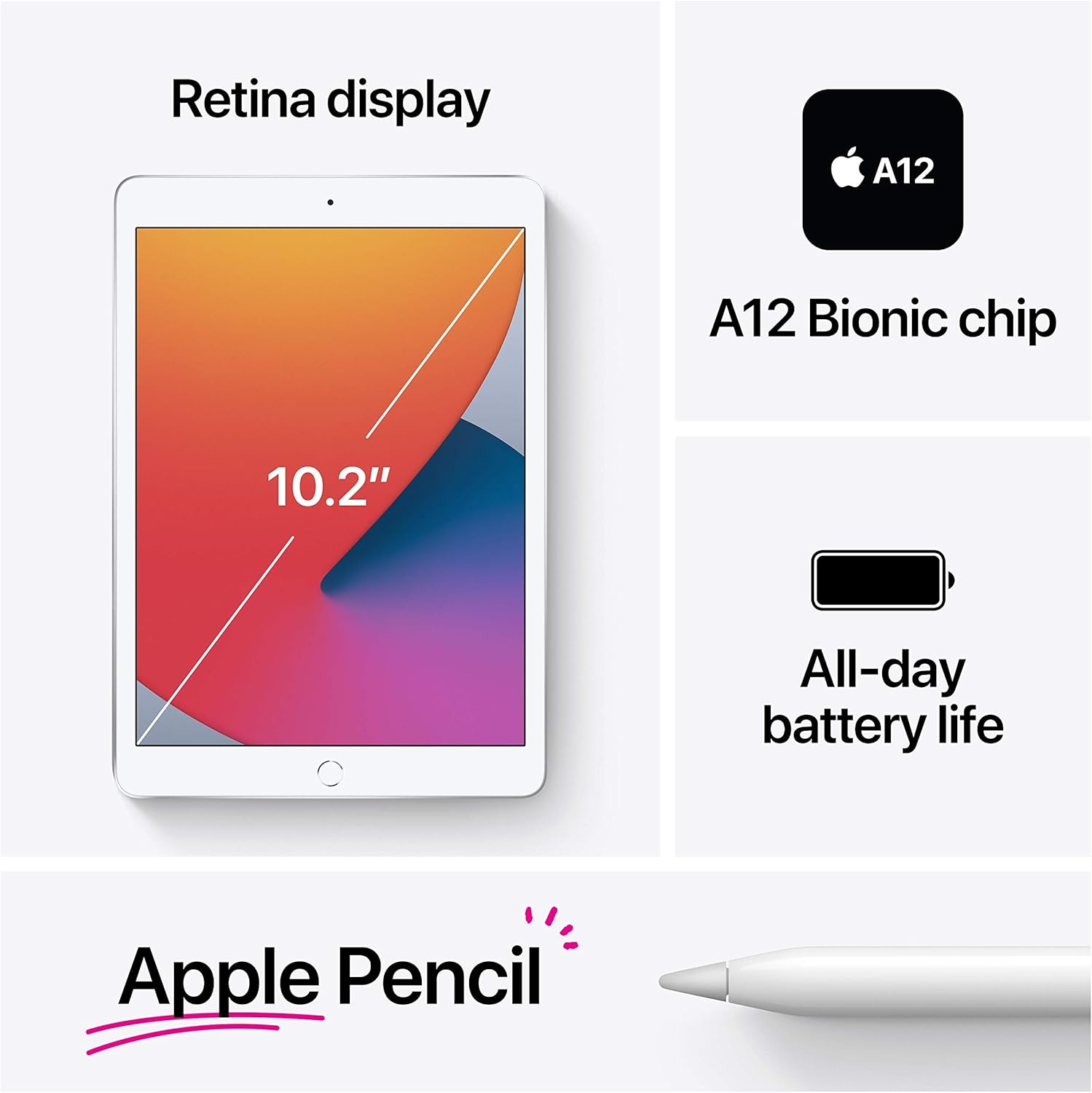 Apple iPad (10.2-inch, Wi-Fi, 32GB) - Silver (Latest Model, 8th Generation) (Renewed) - Authentic Apple Products.