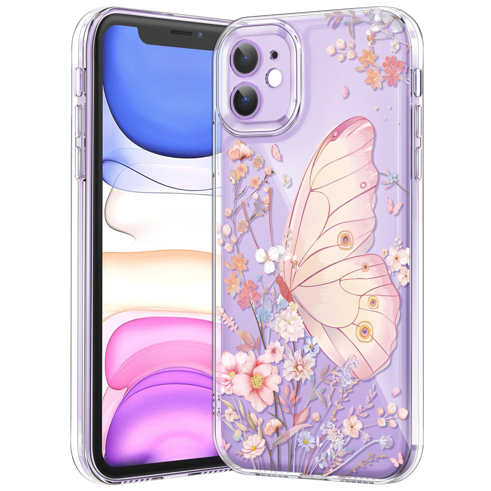 Compatible with iPhone 12 Case, Clear Case with Cute Butterfly Pattern Design for Girls Women, Slim Soft TPU Shockproof Protective Aesthetic Cover for iPhone 12 (Light Purple Butterfly)