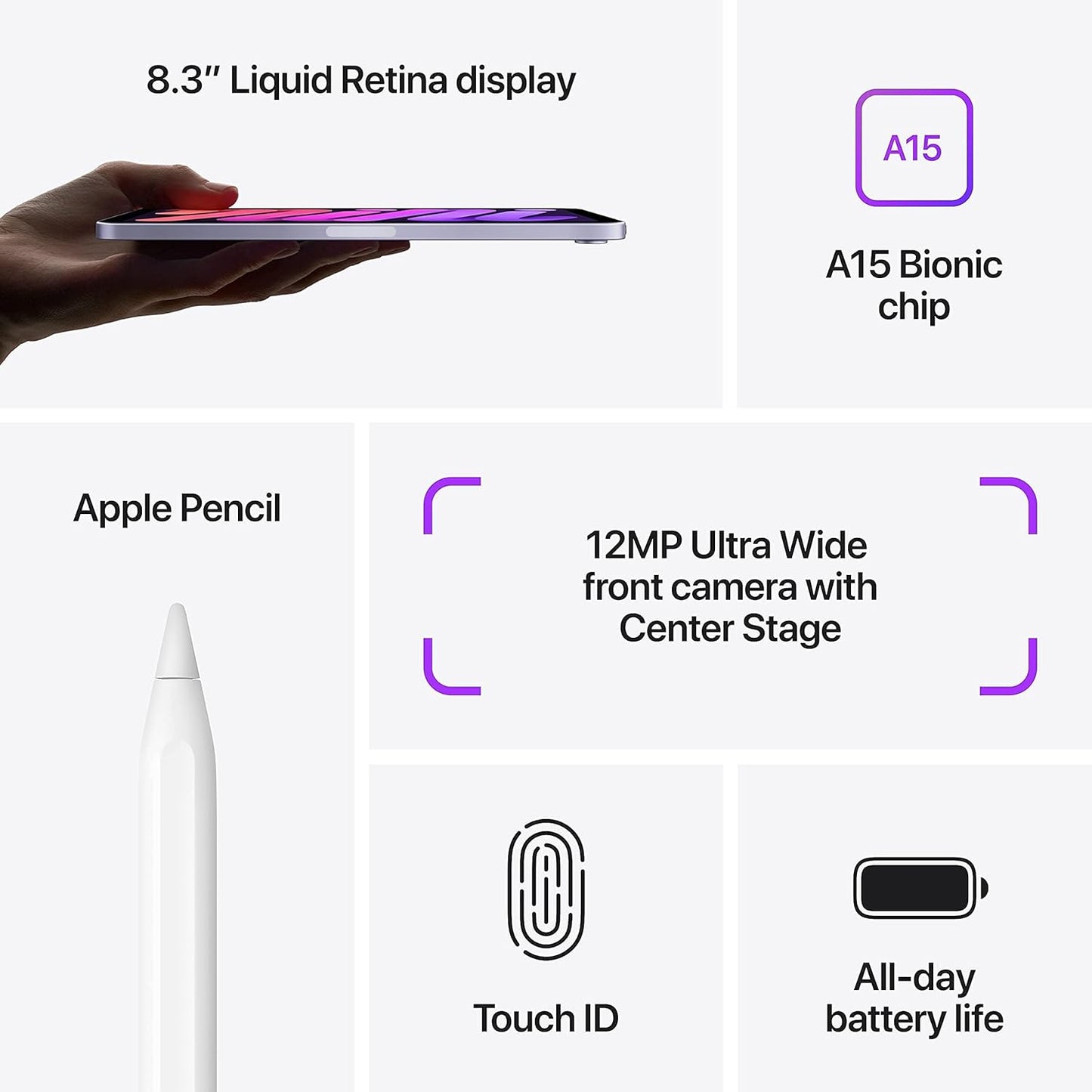 Apple 2021 iPad Mini 6 8.3-inch, Wi-Fi, 64GB, Purple (Renewed) - Authentic Apple Products.