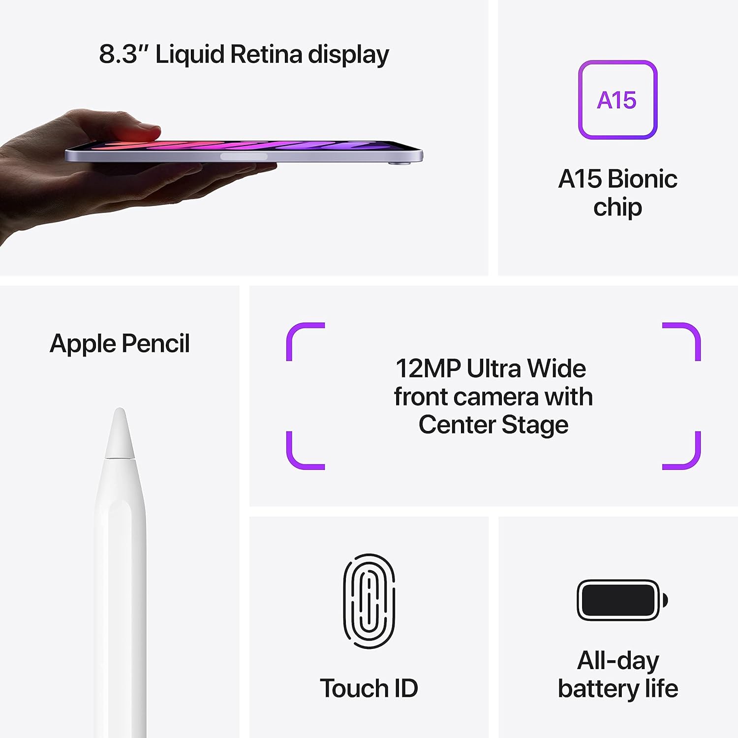 Apple 2021 iPad Mini 6 8.3-inch, Wi-Fi, 64GB, Purple (Renewed) - Authentic Apple Products.