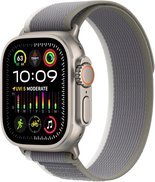 Apple Watch Ultra 2 [GPS + Cellular 49mm] Smartwatch with Rugged Titanium Case & Green/Grey Trail Loop S/M. Fitness Tracker, Precision GPS, Action Button, Extra-Long Battery Life - Authentic Apple Products.