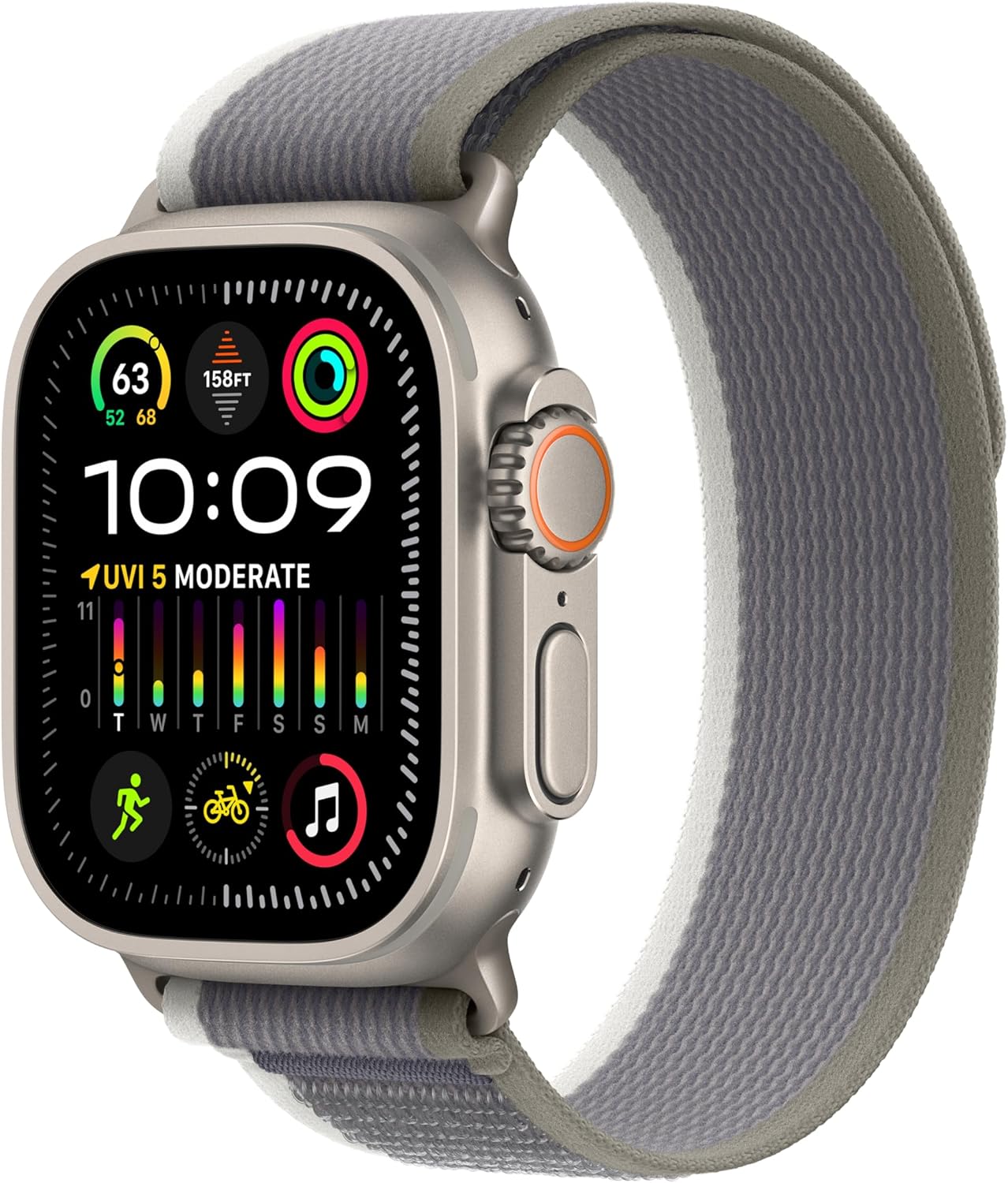 Apple Watch Ultra 2 [GPS + Cellular 49mm] Smartwatch with Rugged Titanium Case & Green/Grey Trail Loop S/M. Fitness Tracker, Precision GPS, Action Button, Extra-Long Battery Life